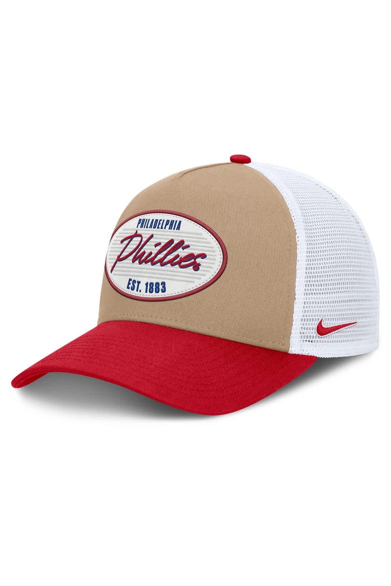 Men's Nike  Khaki/Red Philadelphia Phillies Rise A-Frame Trucker Adjustable Hat, Main, color, Khaki