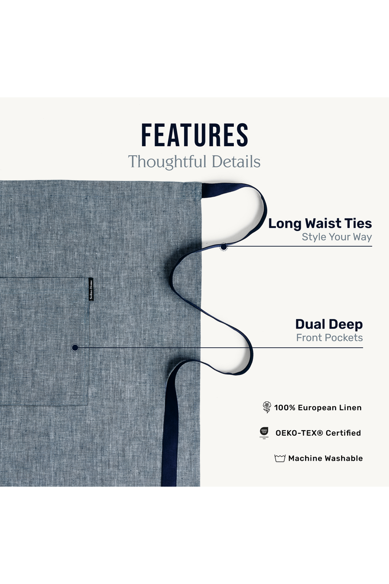 Linen Bistro Server Apron with Pockets, Extra-Long Ties, 21 x 27 Inches, Alternate, color, Denim Blue / Navy