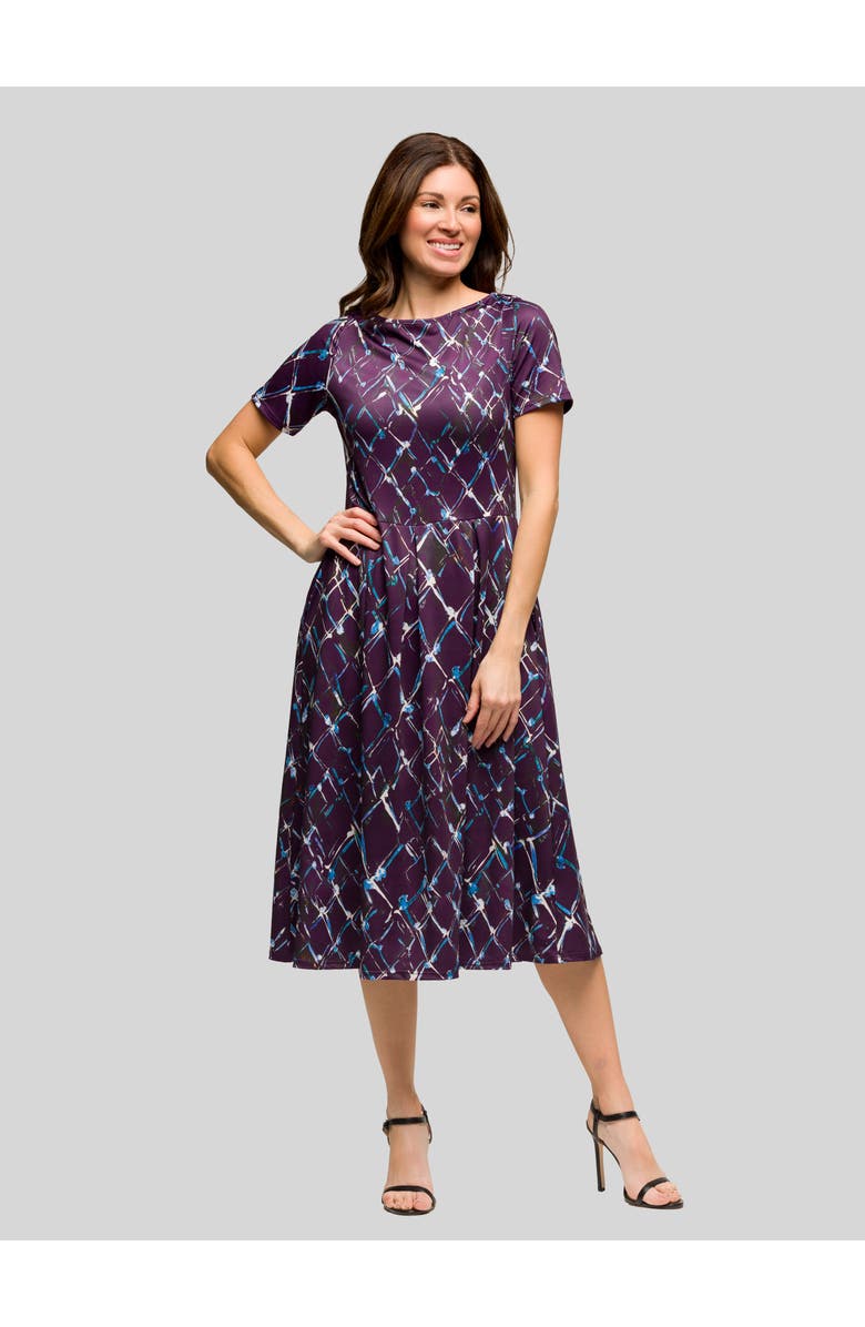 24seven Comfort Apparel Purple Print Short Sleeve Pleated Flare Midi Pocket Dress, Main, color, Purple Multi