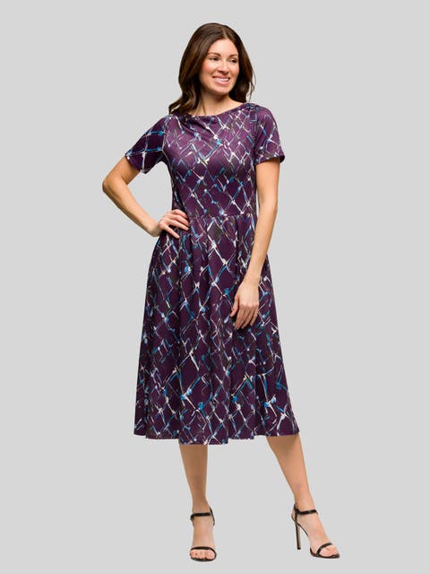 Purple Print Short Sleeve Pleated Flare Midi Pocket Dress