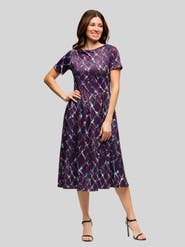 24seven Comfort Apparel Purple Print Short Sleeve Pleated Flare Midi Pocket Dress