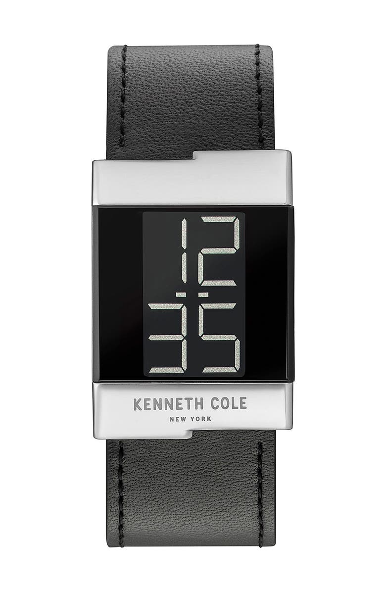 Kenneth Cole New York Men's LCD Leather Strap Watch, 28mm, Main, color, 
