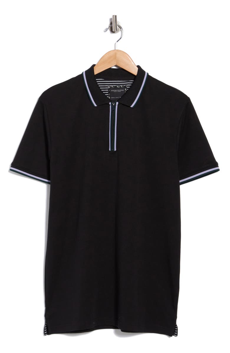 DENIM AND FLOWER Tipped Cotton Quarter Zip Polo, Main, color, Black