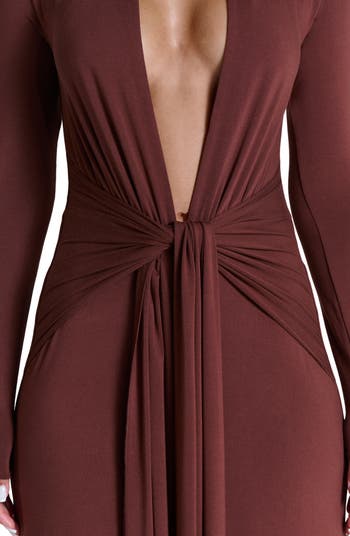 Plunge Neck Long Sleeve Stretch Jersey Maxi Dress