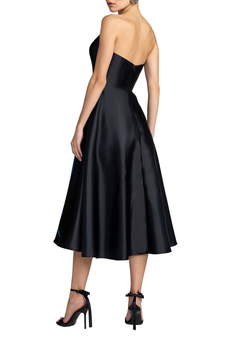 Strapless Satin Midi Dress With Flower Print, Alternate, color, Black Multi