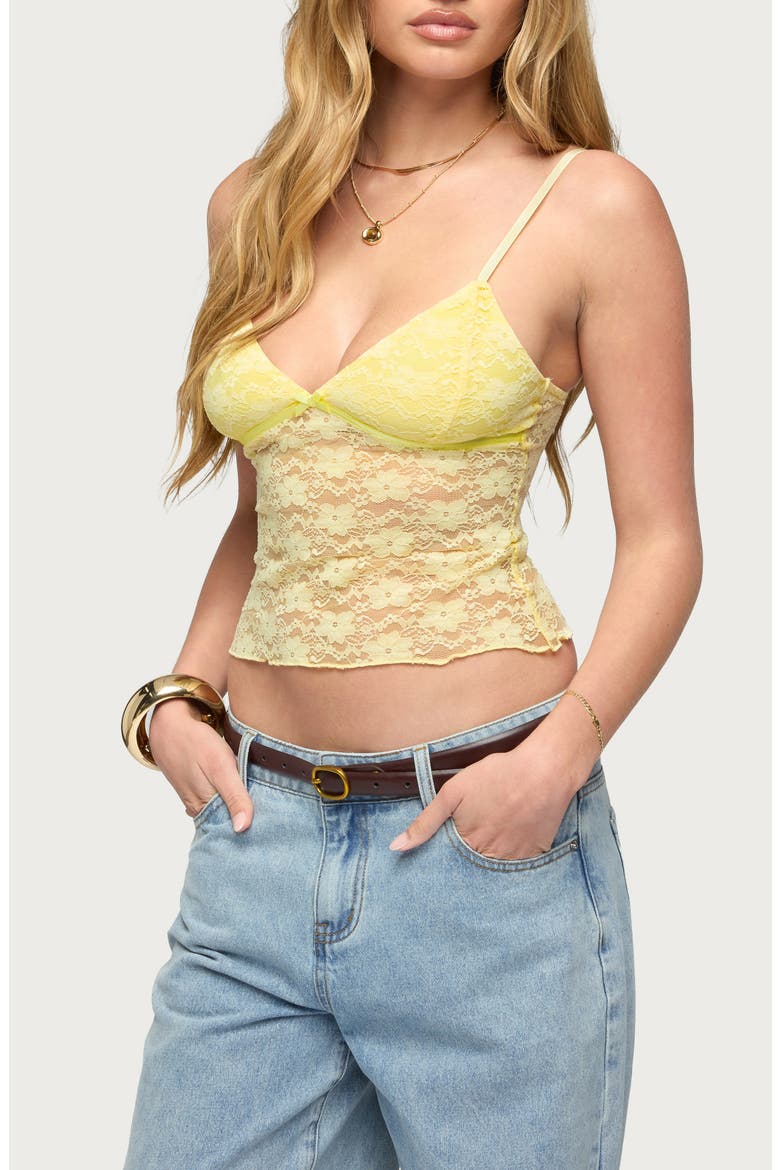 Eira Sheer Lace Crop Camisole, Alternate, color, YELLOW