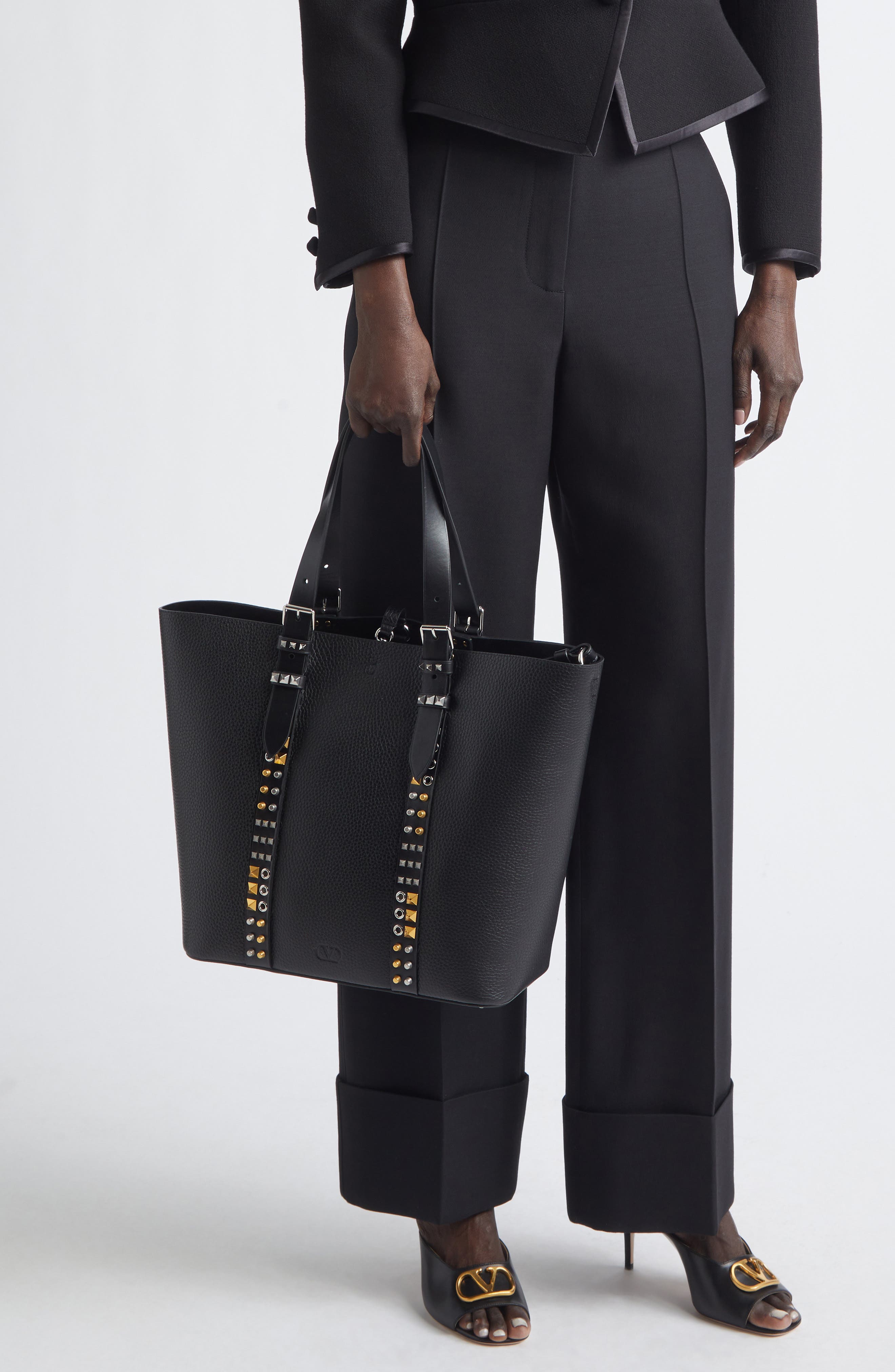 Valentino Medium Rockstud Calfskin Tote, Alternate, color, Black