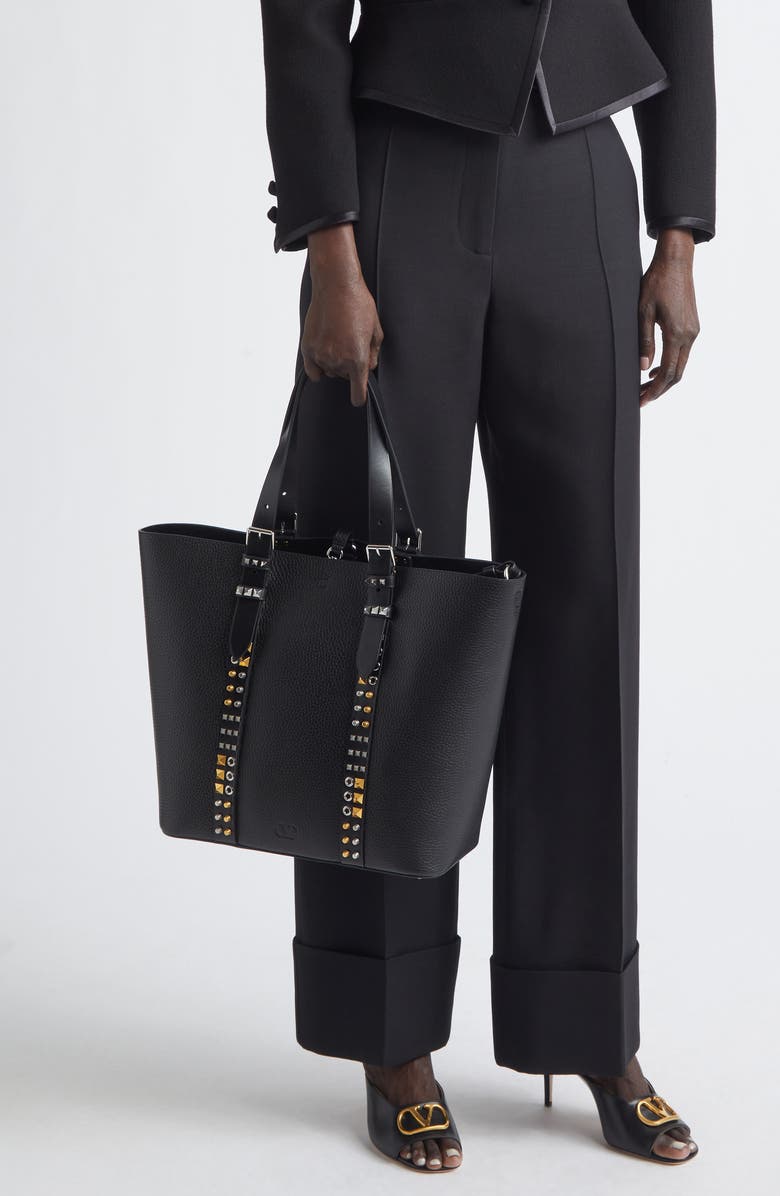 Valentino Medium Rockstud Calfskin Tote, Alternate, color, Black