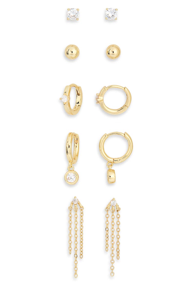 Demi-Fine 5-Pack Assorted Everyday Essential Earrings, Alternate, color, CLEAR- GOLD
