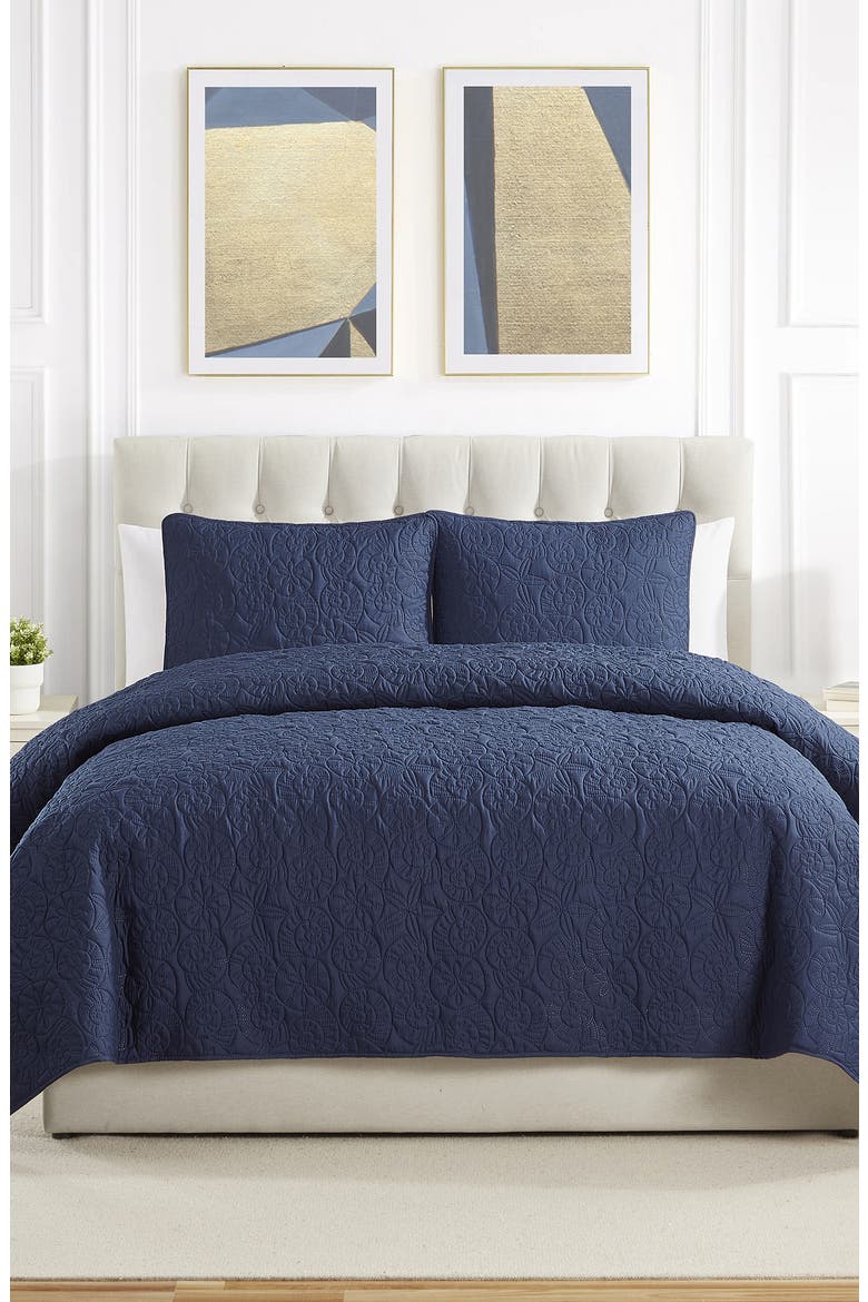 Seashell Solid 3-Piece Quilt Set, Alternate, color, NAVY