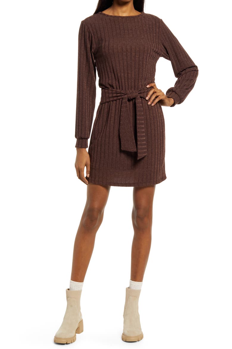 Tie Front Long Sleeve Dress, Main, color, BROWN