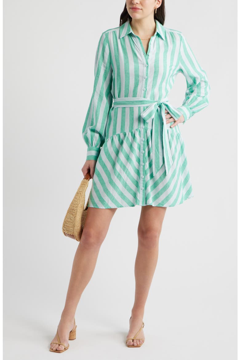 Long Sleeve Linen Blend Mini Shirtdress, Alternate, color, BLUE- GREEN CABANA STRIPE