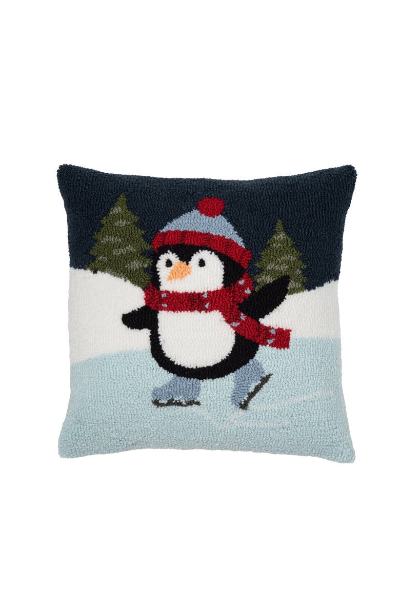 C&F Home Ice Skating Penguin Christmas Throw Pillow, 18" x 18", Main, color, Blue