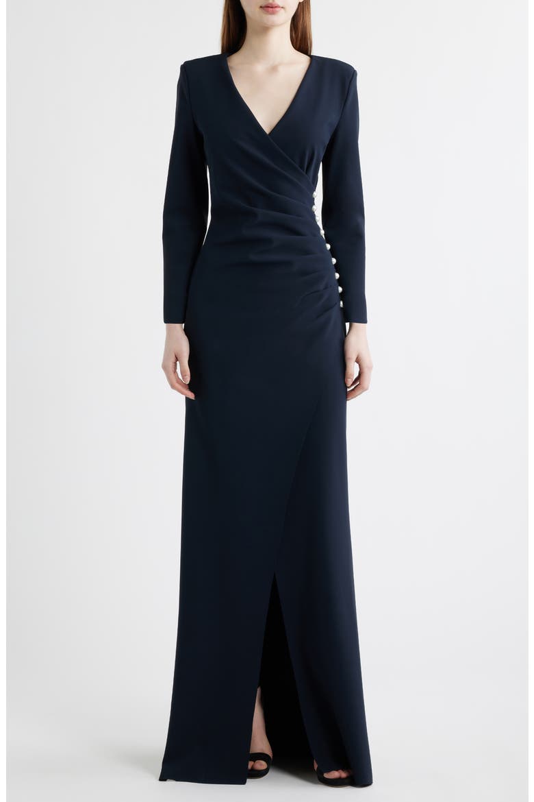 Wiesa Faux Pearl Detail Long Sleeve Gown, Main, color, DARK MIDNIGHT
