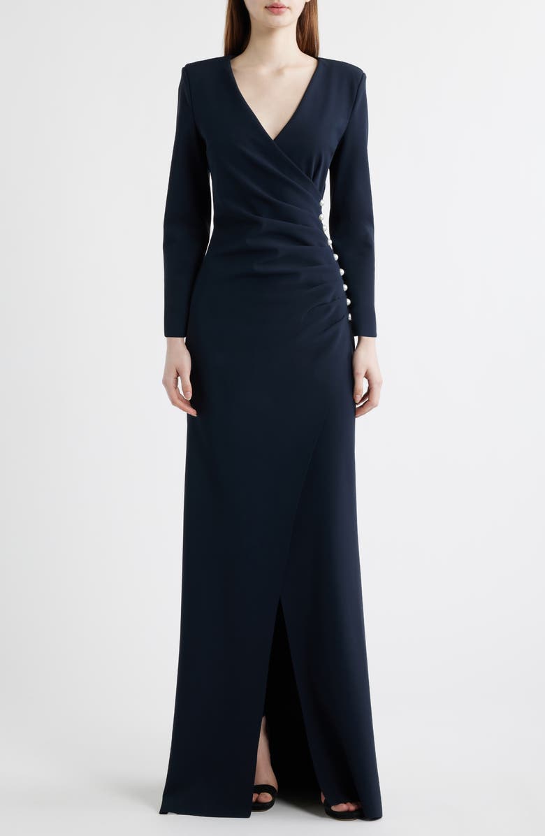 Chiara Boni La Petite Robe Wiesa Faux Pearl Detail Long Sleeve Gown, Main, color, Dark Midnight