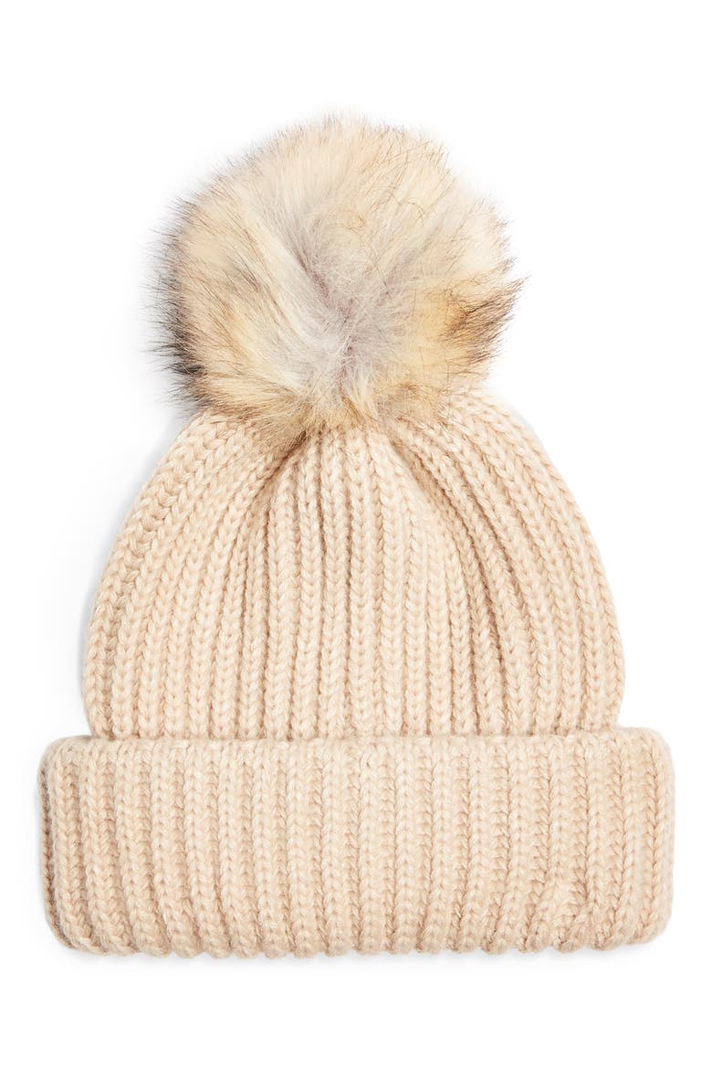 Faux Fur Pom Beanie, Main, color, CAMEL