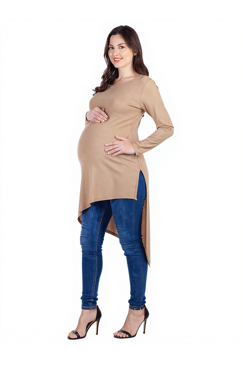 Long Sleeve Knee Length Asymmetrical Maternity Tunic Top, Alternate, color, Taupe