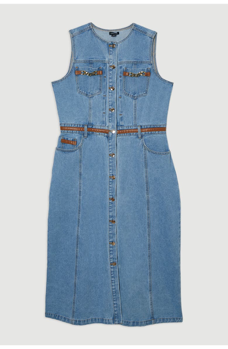 Karen Millen Tipping Sleeveless Midi Denim Dress, Alternate, color, Light Blue