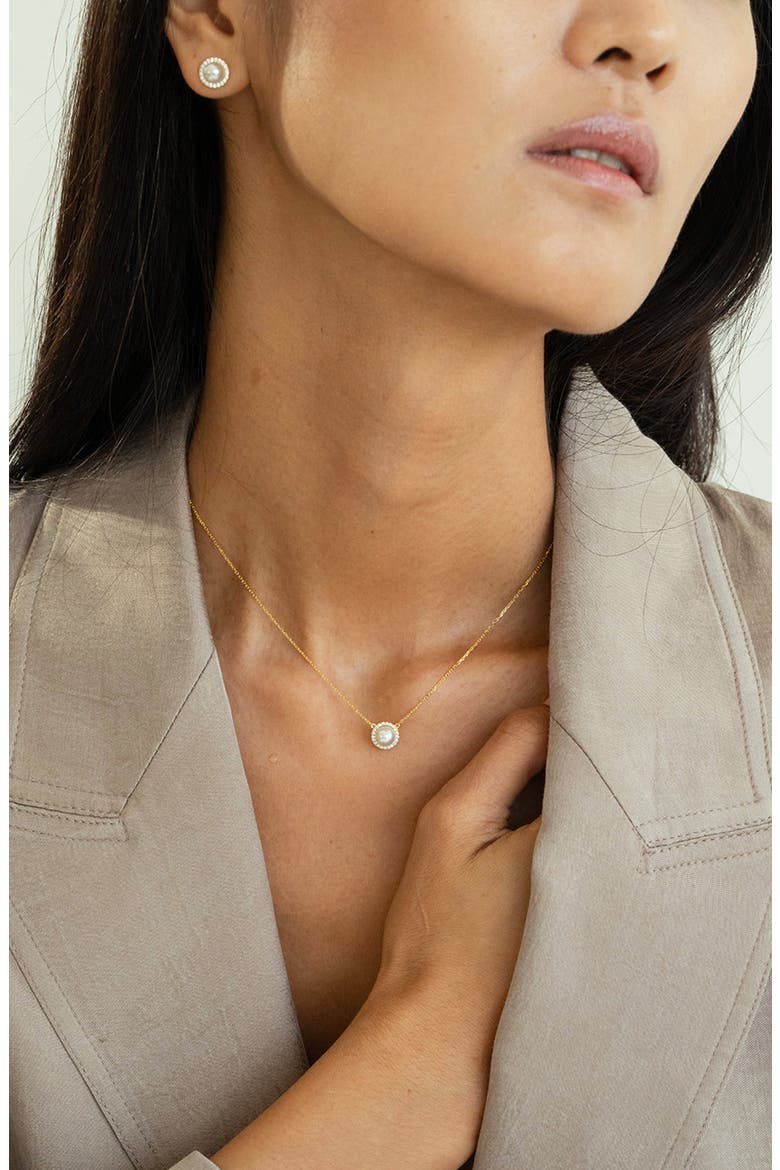 Sterling Silver 18k Gold Plated Eleanor Single Cultured Pearl Necklace & Stud Earrings Set, Alternate, color, Gold