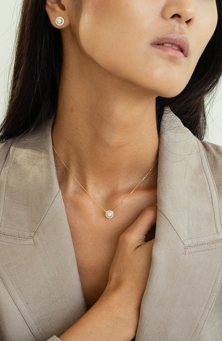 Bearfruit Jewelry Sterling Silver 18k Gold Plated Eleanor Single Cultured Pearl Necklace & Stud Earrings Set Holiday Gift Guide, Alternate, color, Gold