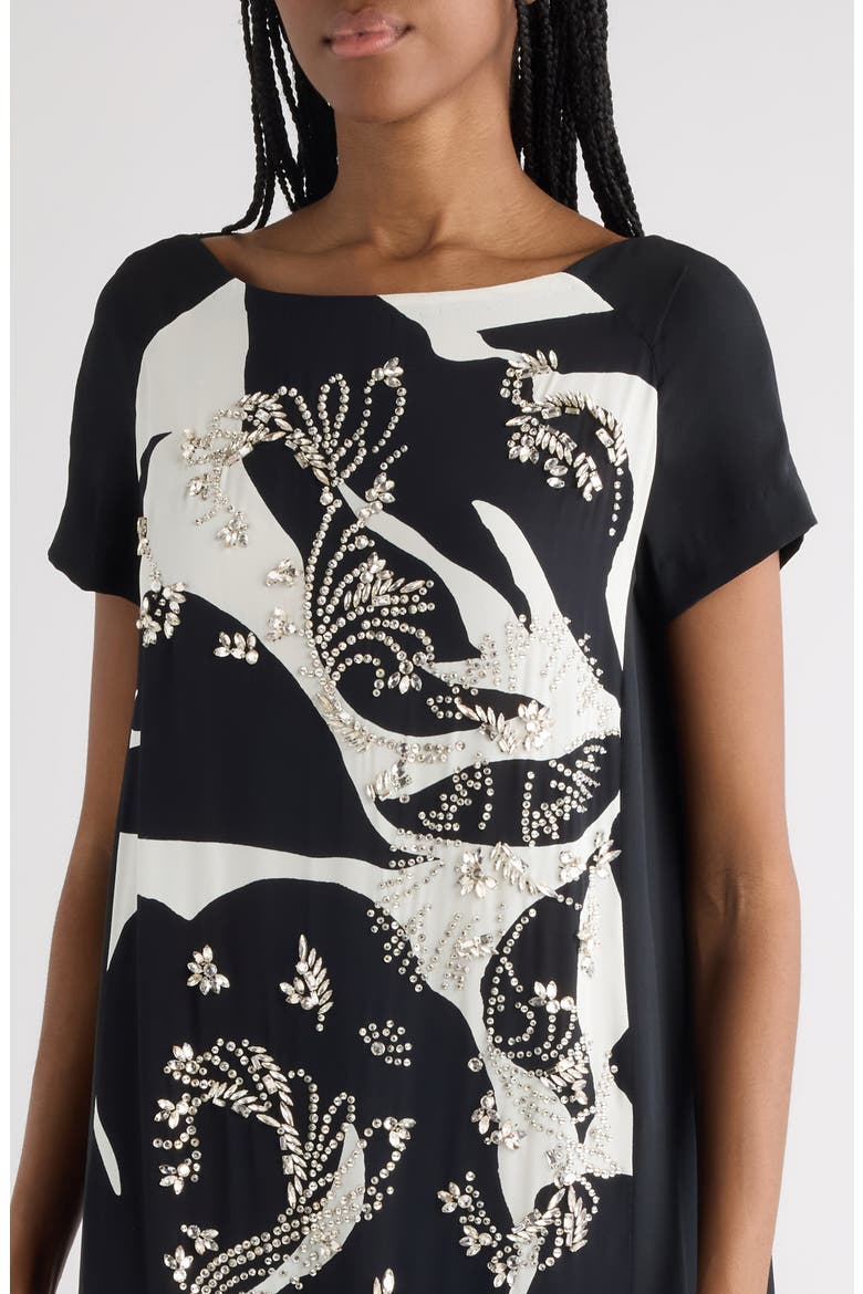 Giant Floral Print Crystal Embellished Dress, Alternate, color, BLACK