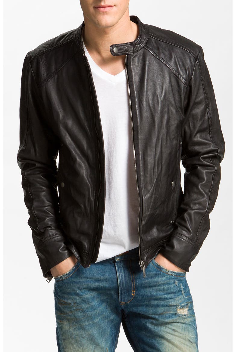 'Leide' Extra Trim Fit Crinkled Leather Jacket, Main, color, BLACK