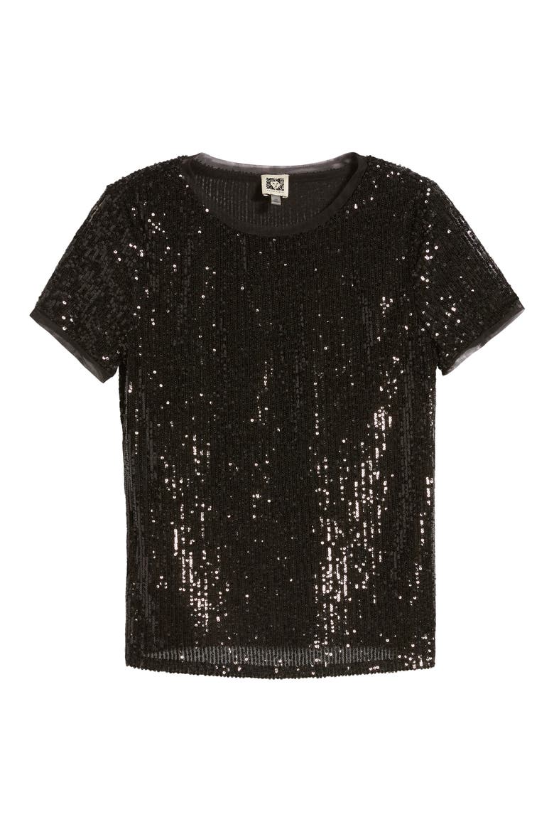 Sequin Mesh T-Shirt, Alternate, color, ANNE BLACK