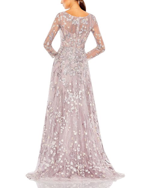 Shop Mac Duggal Embellished Wrap Over Illusion Long Sleeve A Line Gown In Lilac