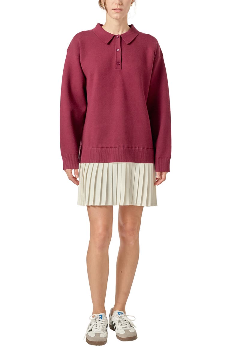Long Sleeve Mixed Media Polo Minidress, Alternate, color, BURGUNDY/ WHITE