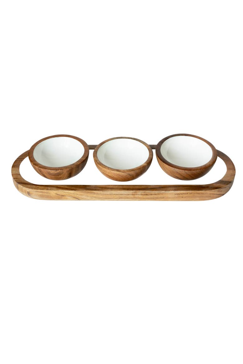 Wood + White Collection Acacia Wood 3 Dipping Bowls and Tray, Main, color, White, Brown