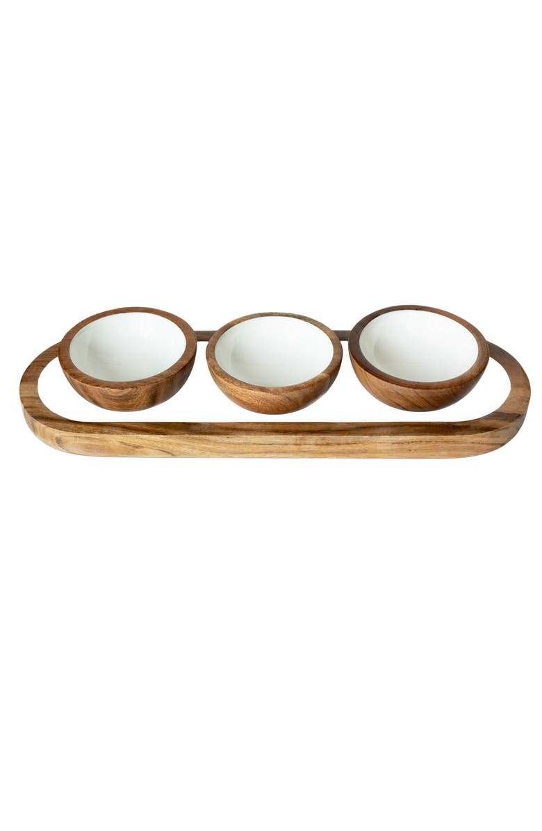 Jeanne Fitz Wood + White Collection Acacia Wood 3 Dipping Bowls and Tray, Main, color, White, Brown