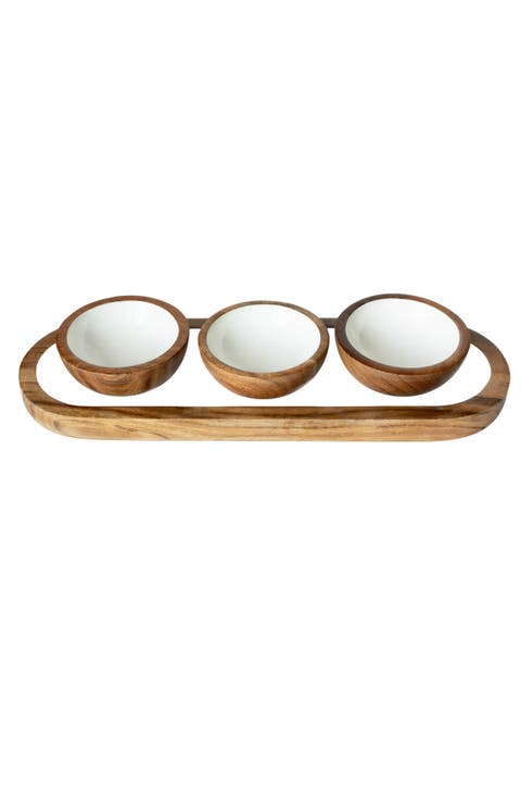 Wood + White Collection Acacia Wood 3 Dipping Bowls and Tray