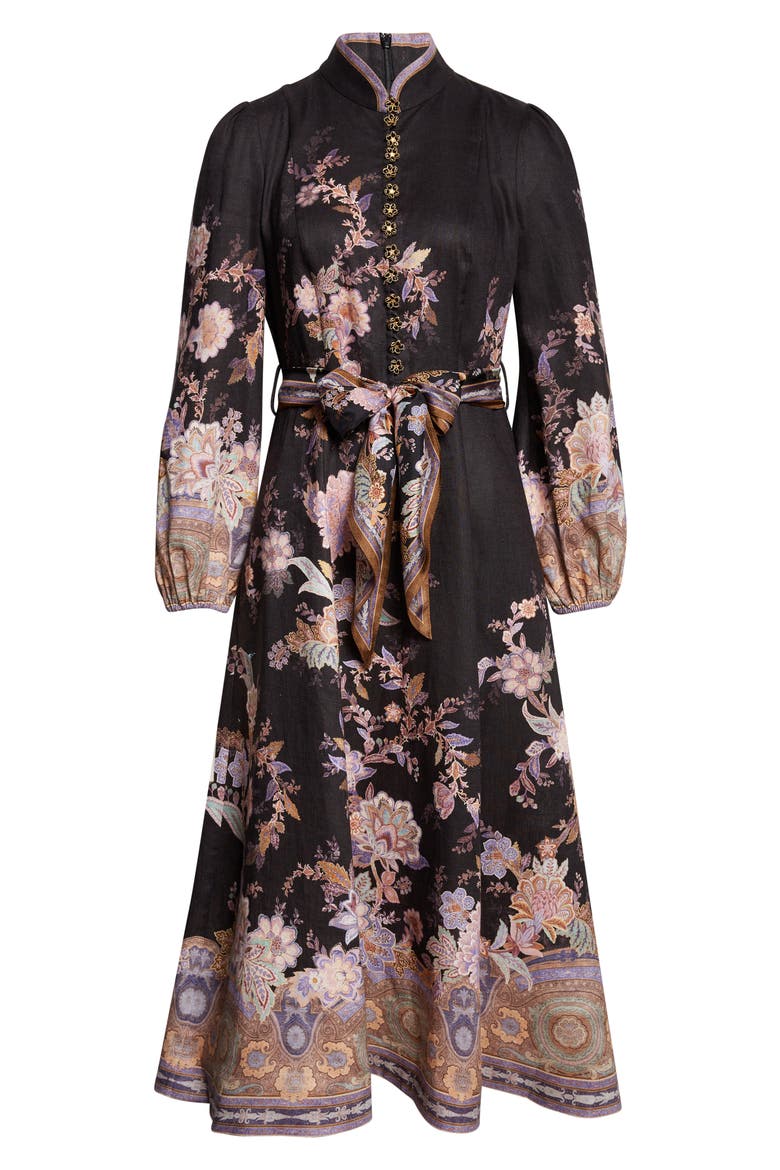 Luna Paisley Print Long Sleeve Linen Midi Dress, Alternate, color, MIDNIGHT PAISLEY