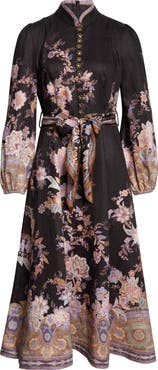 Zimmermann Luna Paisley Print Long Sleeve Linen Midi Dress