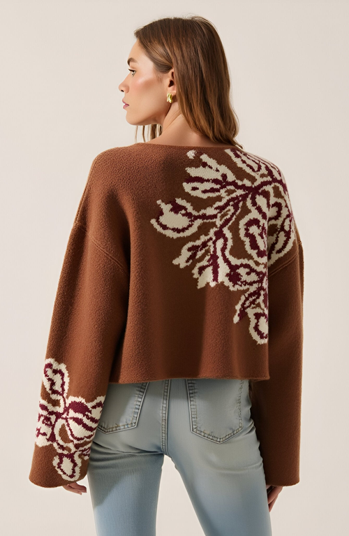 Modenaire Floral Jacquard Knit Sweater With Boat Neckline And Drop Shoulder Wide Sleeves In Brown