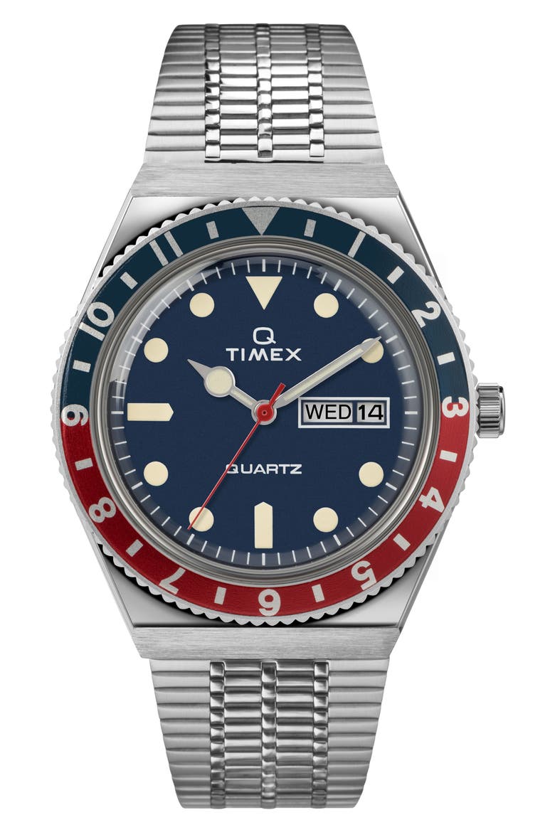 Q Reissue Bracelet Watch, 38mm, Main, color, SILVER/ BLUE/ RED