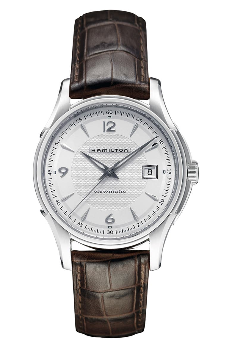 Jazzmaster Viewmatic Auto Leather Strap Watch, 40mm, Main, color, BROWN/ SILVER Z/DNU