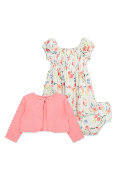 Little Me Rose Smocked Cotton Sundress, Pointelle Cardigan & Bloomers Set In Rose