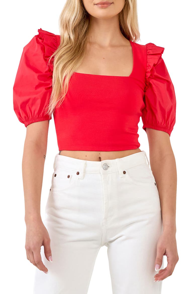 Mixed Media Puff Sleeve Crop Top, Main, color, RED