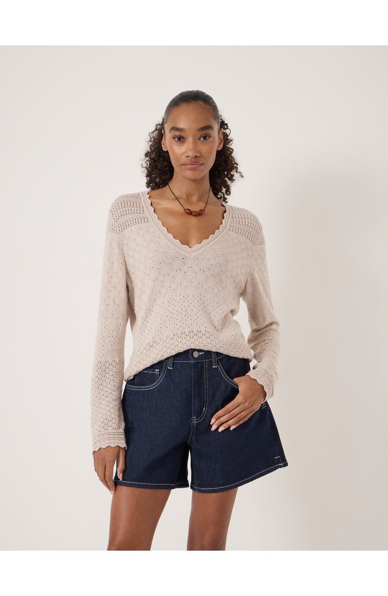 Hush Pointelle Cotton V-Neck Sweater, Main, color, Stone White