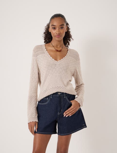 Pointelle Cotton V-Neck Sweater