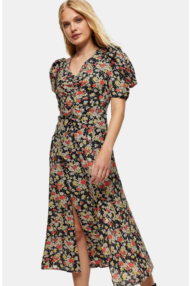 Grunge Floral Print Midi A-Line Dress, Alternate, color, BLACK MULTI