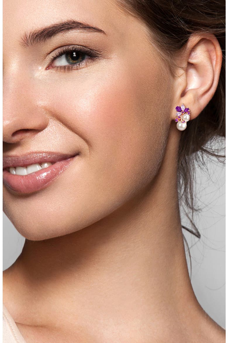 Cultured Freshwater Pearl, Amethyst & Africa Rose de France Necklace & Lever-Back Earrings Set, Alternate, color, MULTI-COLOR