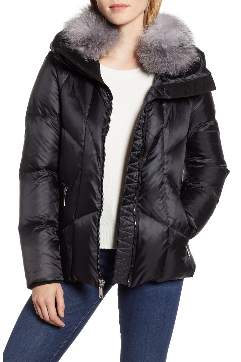 Artistic Puffer Jacket with Removable Genuine Fox Fur Trim, Main, color, BLACK