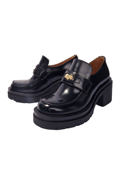 Maje Womens  Clover-embellished Slip-on Heeled Leather Loafers In Black