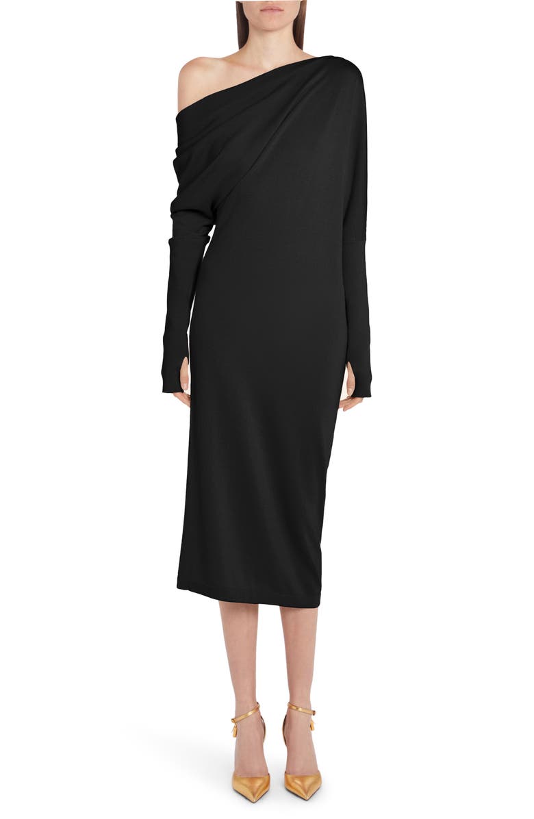 TOM FORD One-Shoulder Long Sleeve Cashmere & Silk Midi Sweater Dress, Alternate, color,