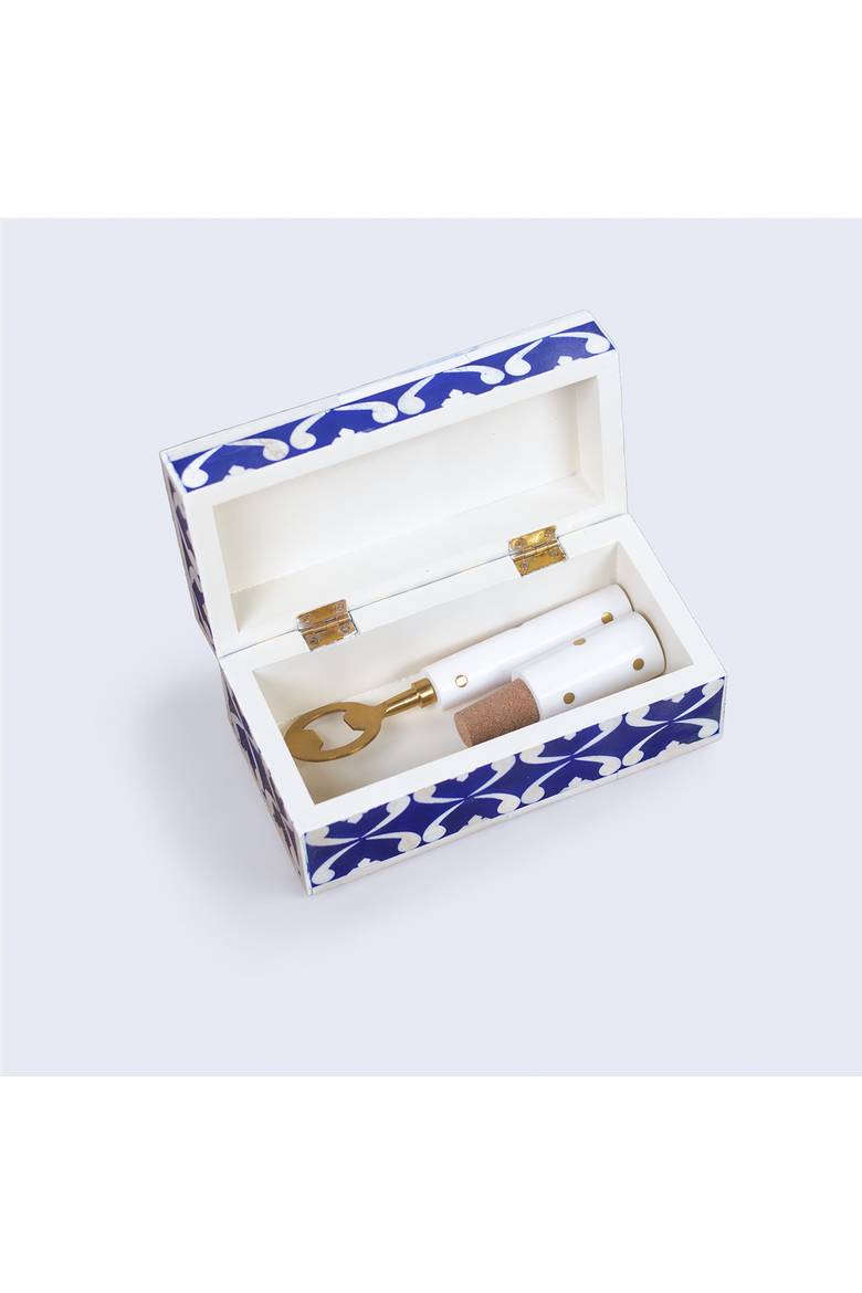 Lattice Bar Accessories Gift Set, Wooden Box with Bottle Opener & Stopper, Alternate, color, Lattice Blue