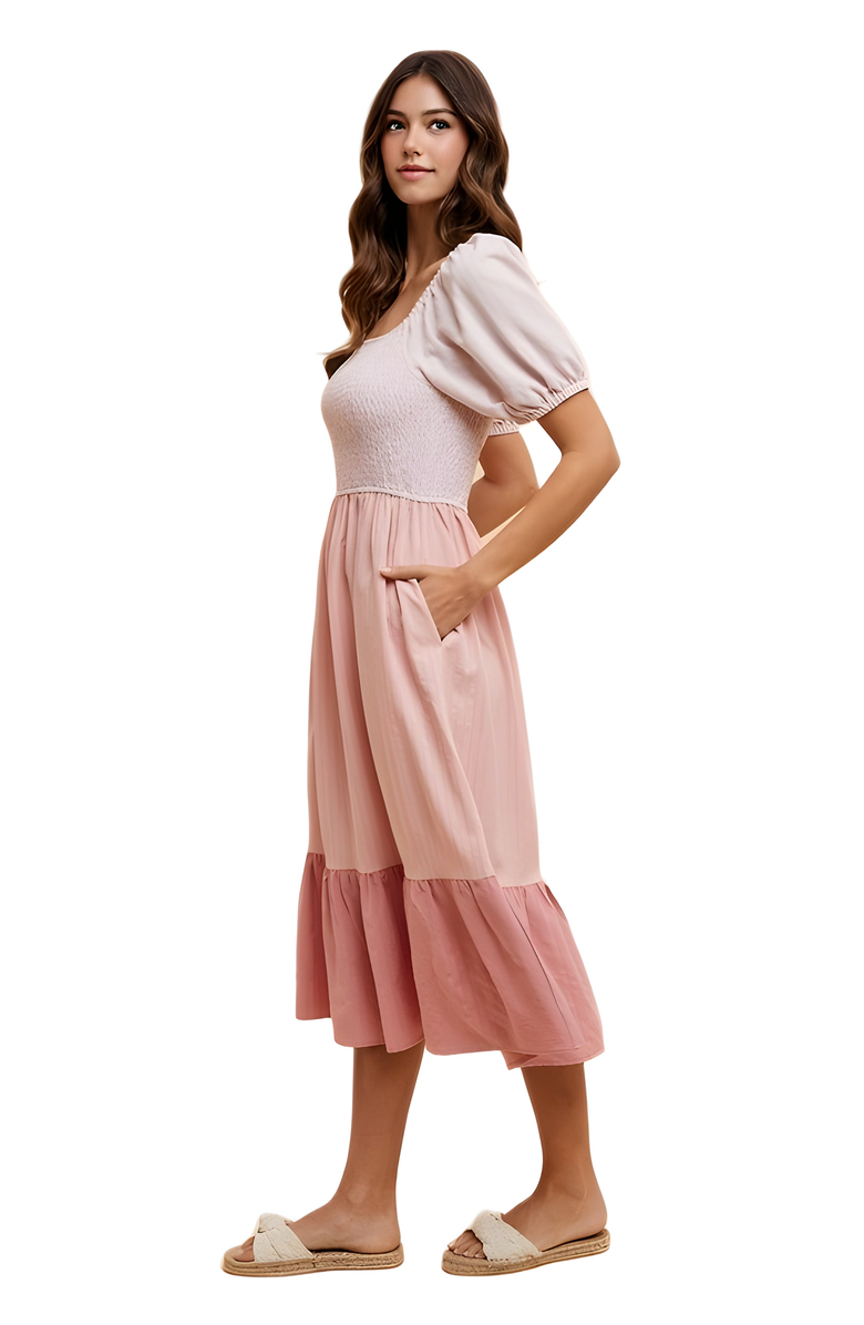 Knit and Lounge Puff Sleeve Midi Dress with Smocked Bodice, Alternate, color,