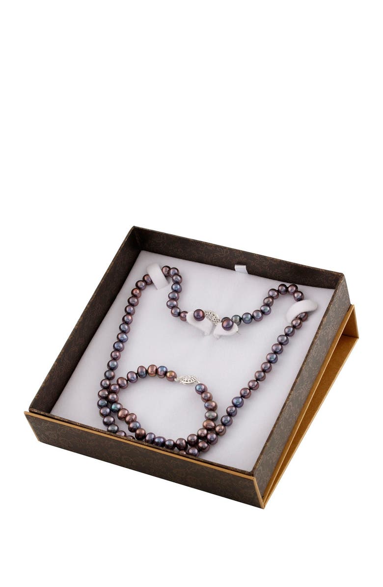 SPLENDID PEARLS 7-8mm Black Cultured Freshwater Pearl Necklace, Bracelet, & Earrings Set, Alternate, color,