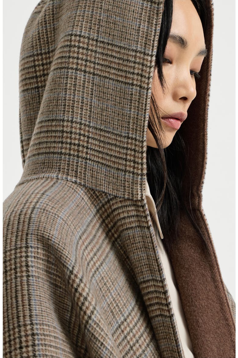 Hand-crafted reversible hooded poncho in cashmere Prince of Wales double cloth, Alternate, color, Brown